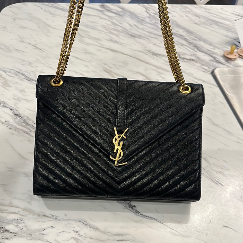 Yves Saint Laurent Medium Chevron Envelope Shoulder Bag Black with Gold Chain